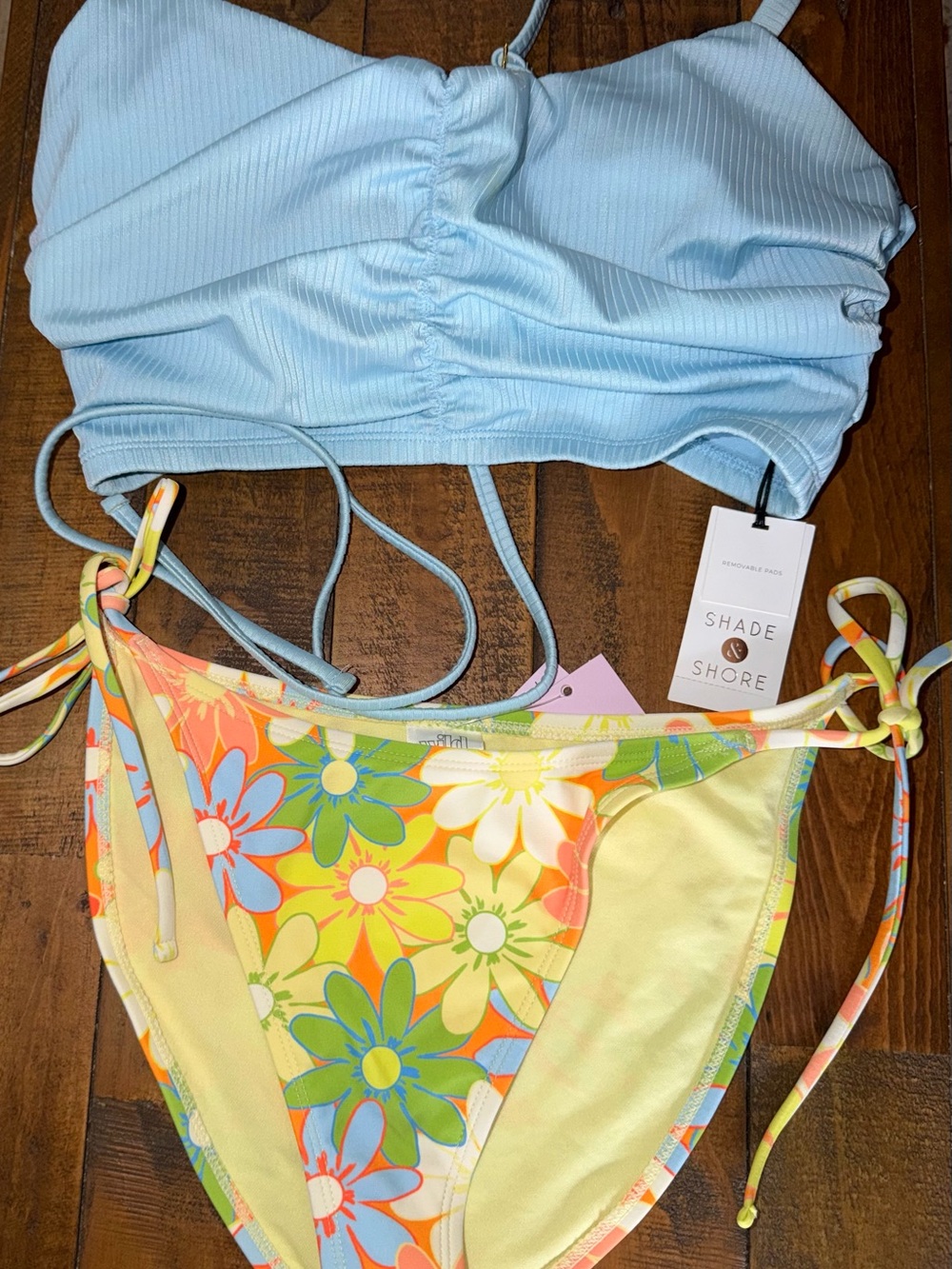 Shade & Shore Pastel Blue Ribbed Bikini Top with Retro Floral Tie-Side Bottom